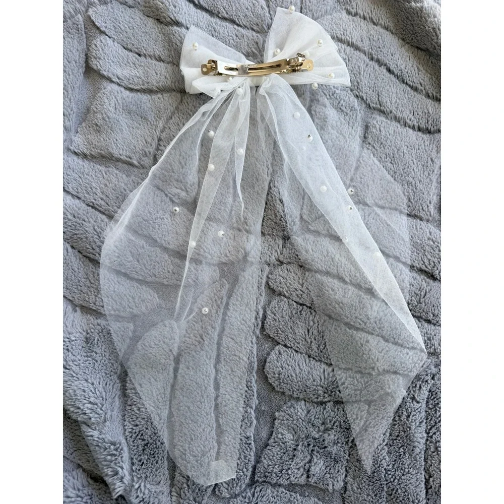 White Tulle Pearl Hair Bow Barrette Long Streamer Bridal Coquette Hair Clip